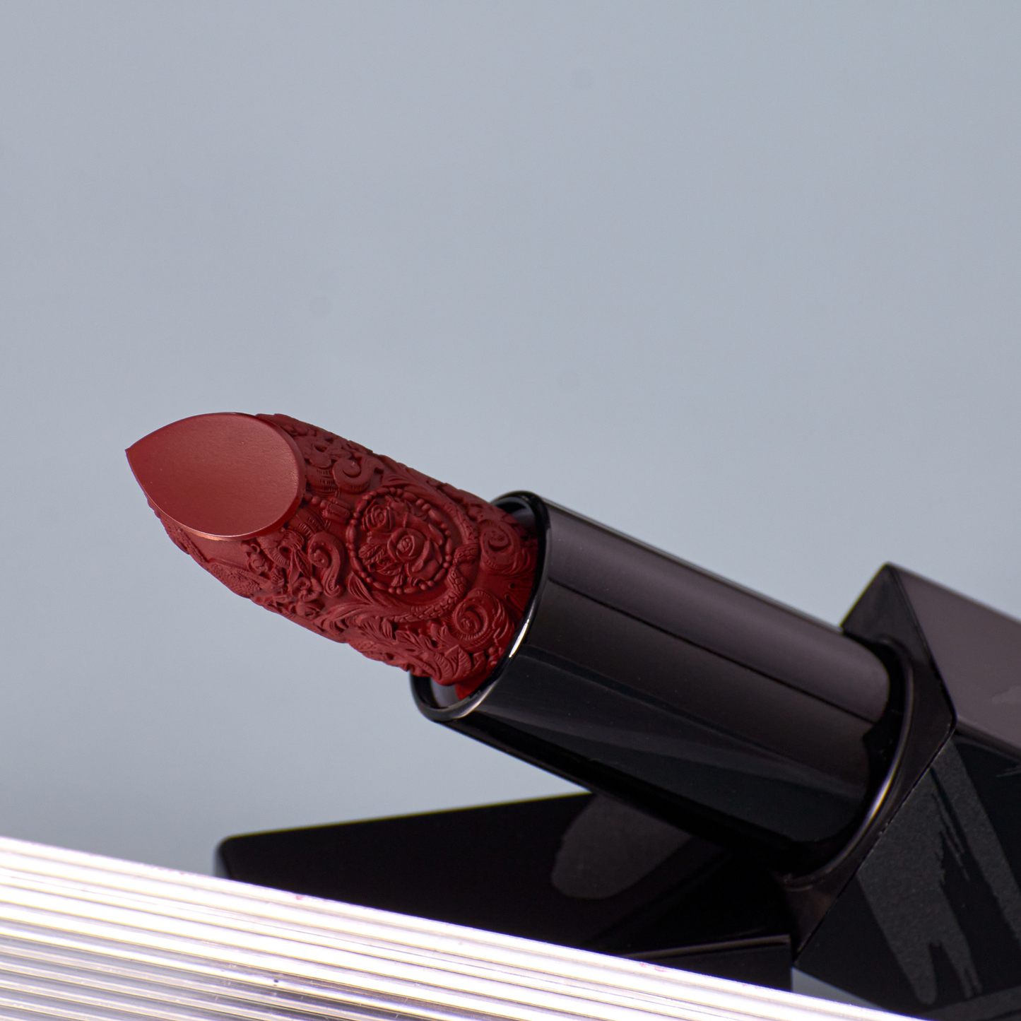 Deep red lipstick