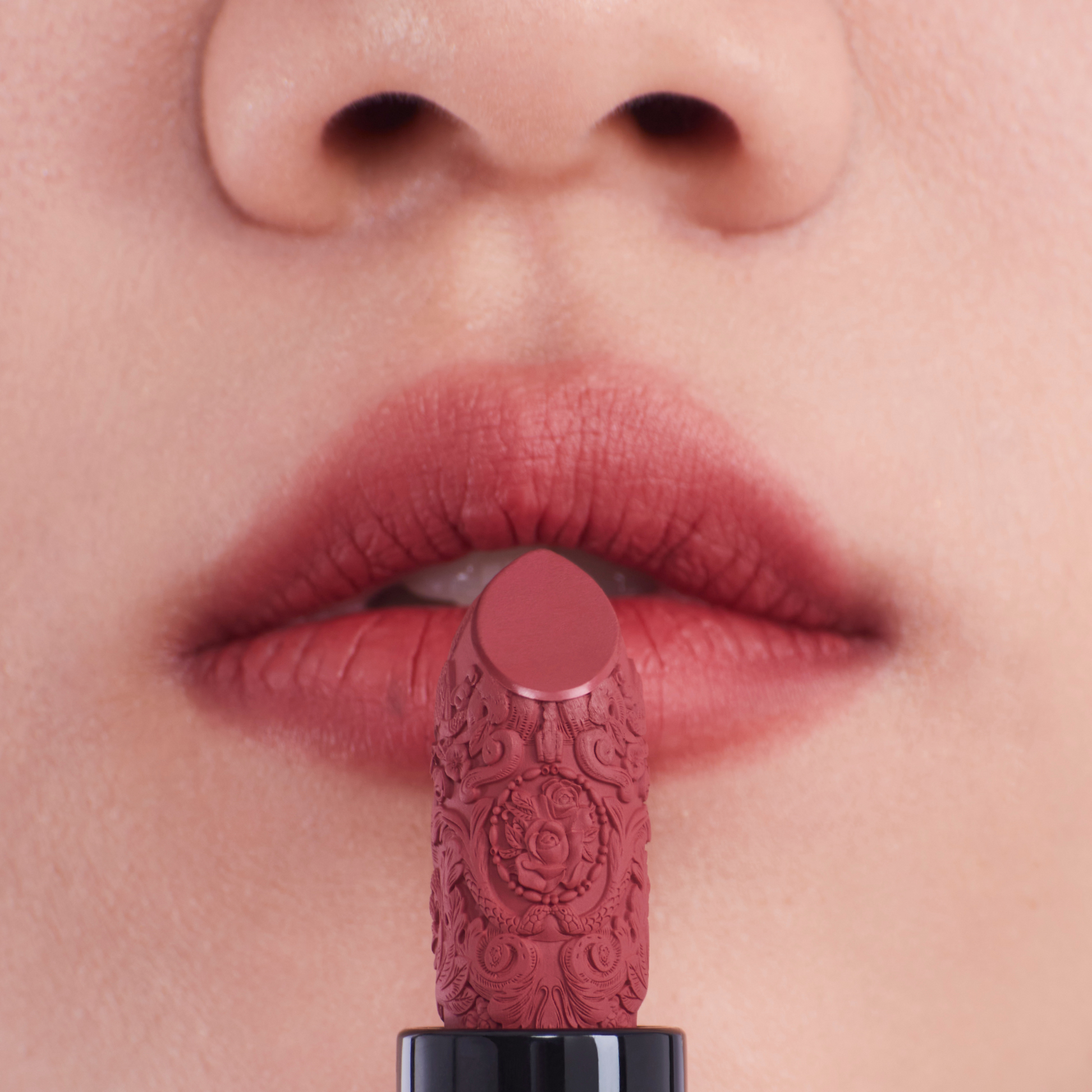 Dusty rose lipstick on the mouth of asian skin